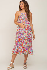 Fuchsia Floral Smocked Maternity Midi Dress