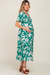 Green Tropical Print Ruffle Maternity Midi Dress