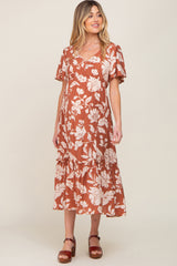 Rust Tropical Print Ruffle Maternity Midi Dress