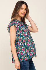 Black Floral Ruffle Accent Maternity Blouse