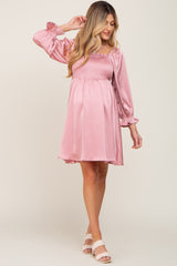 Mauve Satin Smocked Square Neck Maternity Dress