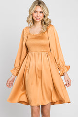 Camel Satin Smocked Square Neck Dress