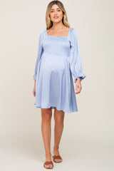 Light Blue Satin Smocked Square Neck Maternity Dress