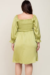 Lime Satin Smocked Square Neck Plus Dress