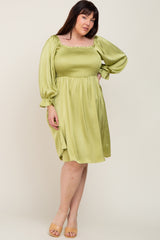 Lime Satin Smocked Square Neck Plus Dress