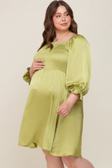 Lime Satin Smocked Square Neck Maternity Plus Dress