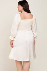 Ivory Satin Smocked Square Neck Plus Dress