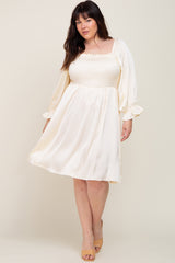 Ivory Satin Smocked Square Neck Plus Dress