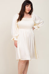 Ivory Satin Smocked Square Neck Maternity Plus Dress