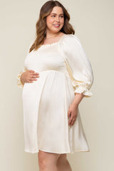 Ivory Satin Smocked Square Neck Maternity Plus Dress