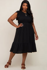 Black Smocked Layered Ruffle Flutter Sleeve Maternity Plus Midi Dress