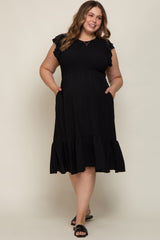 Black Smocked Layered Ruffle Flutter Sleeve Maternity Plus Midi Dress