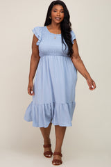 Light Blue Smocked Layered Ruffle Flutter Sleeve Maternity Plus Midi Dress