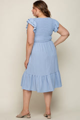 Light Blue Smocked Layered Ruffle Flutter Sleeve Maternity Plus Midi Dress