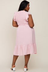 Light Pink Smocked Layered Ruffle Flutter Sleeve Plus Midi Dress