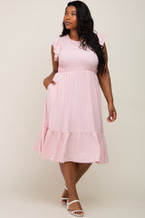 Light Pink Smocked Layered Ruffle Flutter Sleeve Plus Midi Dress
