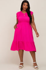 Fuchsia Smocked Layered Ruffle Flutter Sleeve Maternity Plus Midi Dress