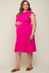 Fuchsia Smocked Layered Ruffle Flutter Sleeve Maternity Plus Midi Dress