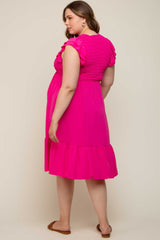 Fuchsia Smocked Layered Ruffle Flutter Sleeve Maternity Plus Midi Dress