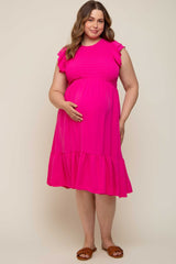 Fuchsia Smocked Layered Ruffle Flutter Sleeve Maternity Plus Midi Dress