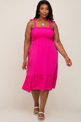 Fuchsia Smocked Shoulder Tie Plus Midi Dress