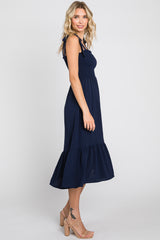 Navy Smocked Shoulder Tie Midi Dress