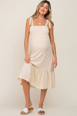 Cream Smocked Shoulder Tie Maternity Midi Dress