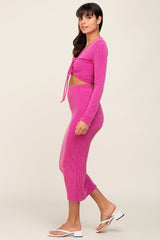 Fuchsia Ribbed Front Cutout Two Piece Skirt Set