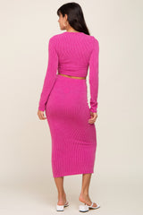 Fuchsia Ribbed Front Cutout Two Piece Skirt Set