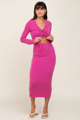 Fuchsia Ribbed Front Cutout Two Piece Skirt Set