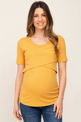 Yellow Ribbed Wrap Front Maternity/Nursing Top