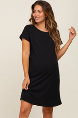 Black Ribbed Pocketed Maternity Dress