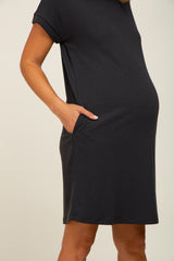 Black Ribbed Pocketed Maternity Dress