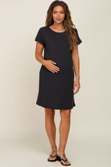 Black Ribbed Pocketed Maternity Dress