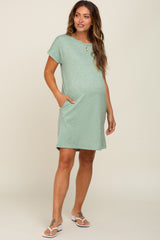 Green Heathered Pocketed Maternity Dress