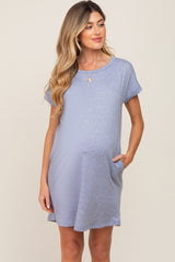 Blue Heathered Pocketed Maternity Dress