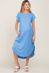 Blue Ribbed Round Hi-Lo Hem Maternity Dress