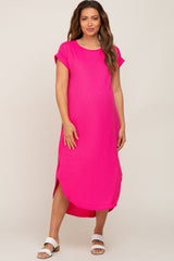 Fuchsia Ribbed Round Hi-Lo Hem Maternity Dress