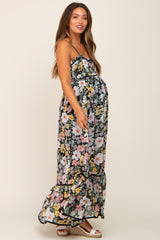 Black Floral Sleeveless Button Down Maternity Maxi Dress