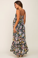 Black Floral Sleeveless Button Down Maternity Maxi Dress