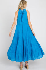 Blue Tiered High Neck Maxi Dress