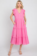Pink Ruffle Accent Tiered Midi Dress