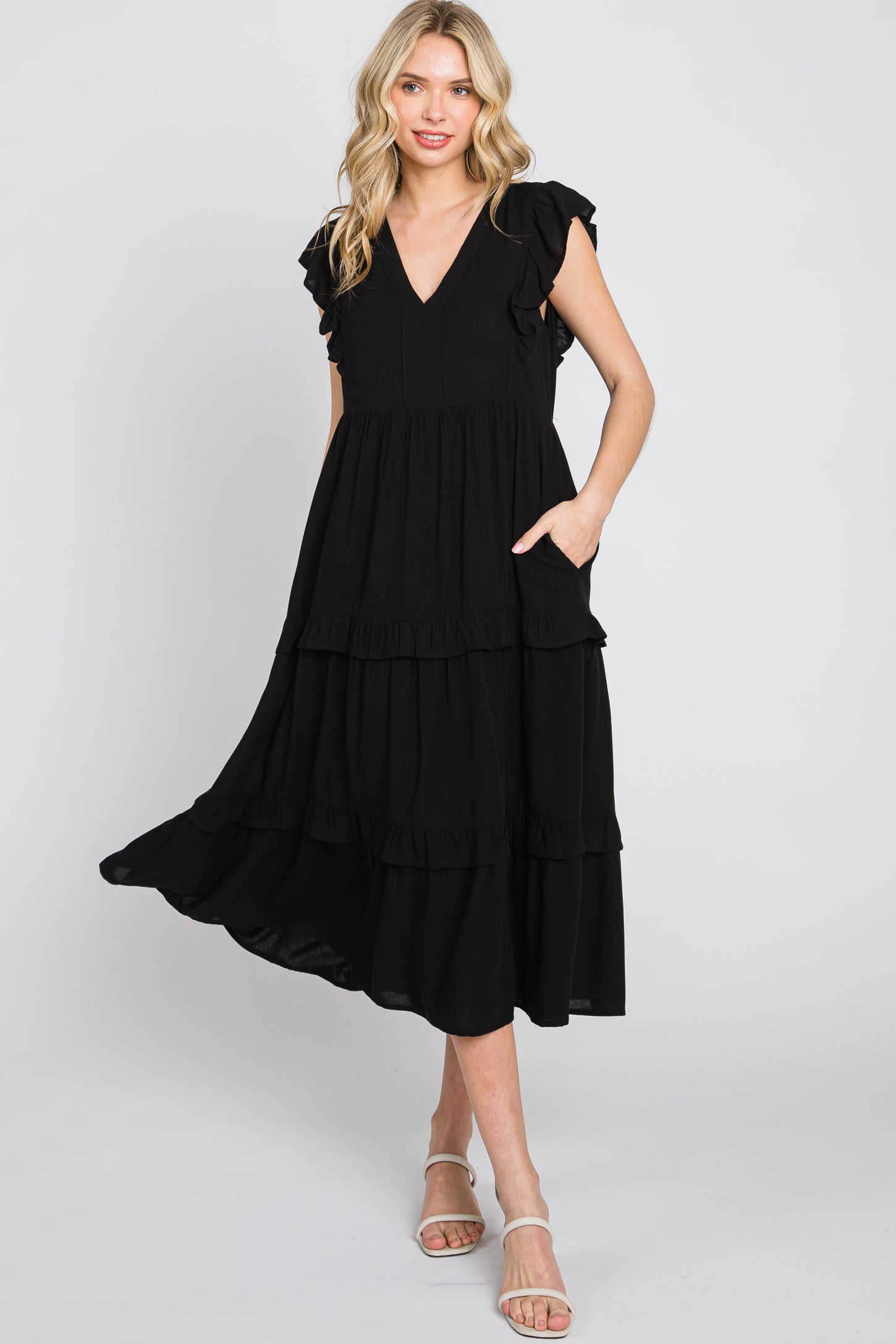 Black Ruffle Accent Tiered Midi Dress