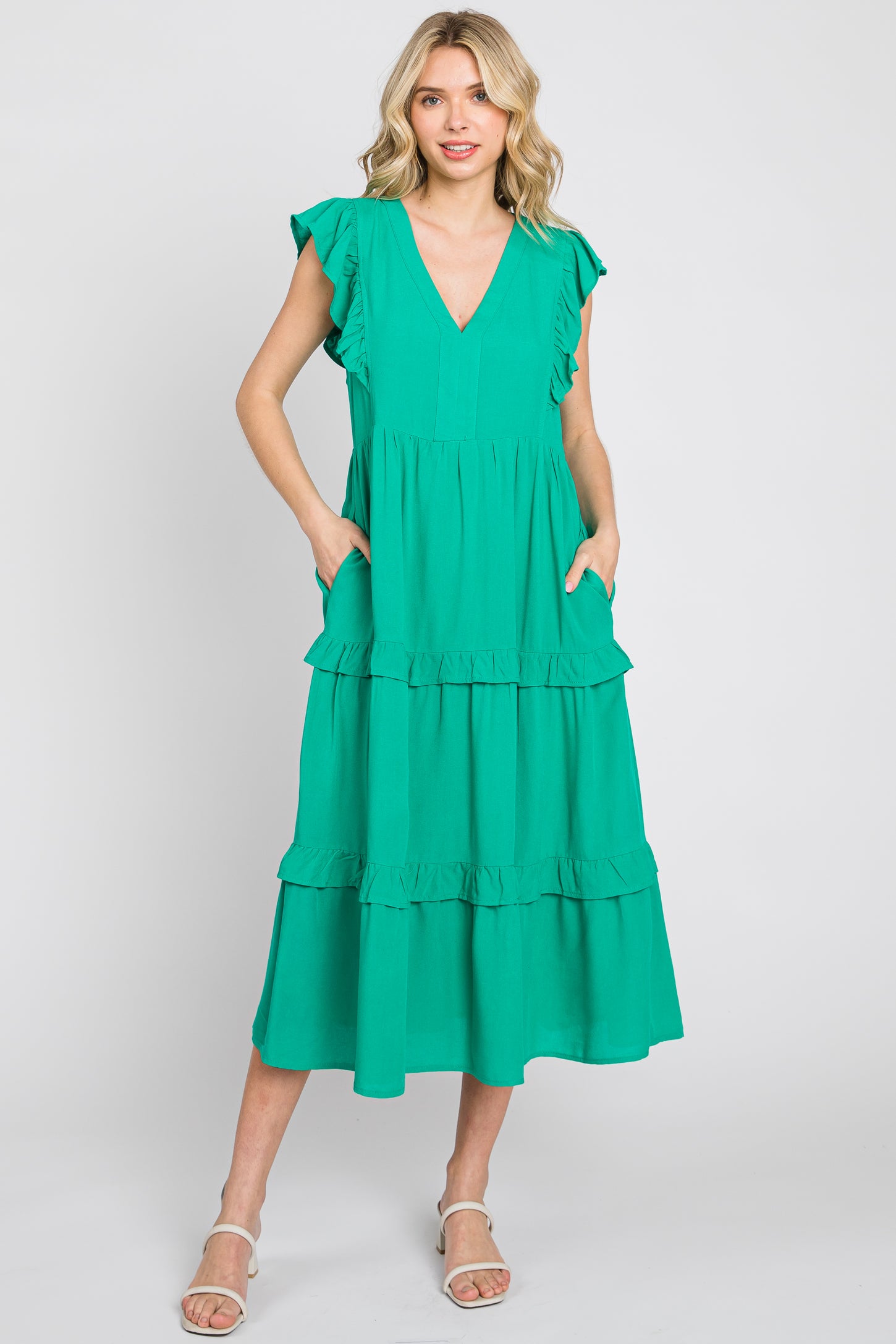 Green Ruffle Accent Tiered Midi Dress