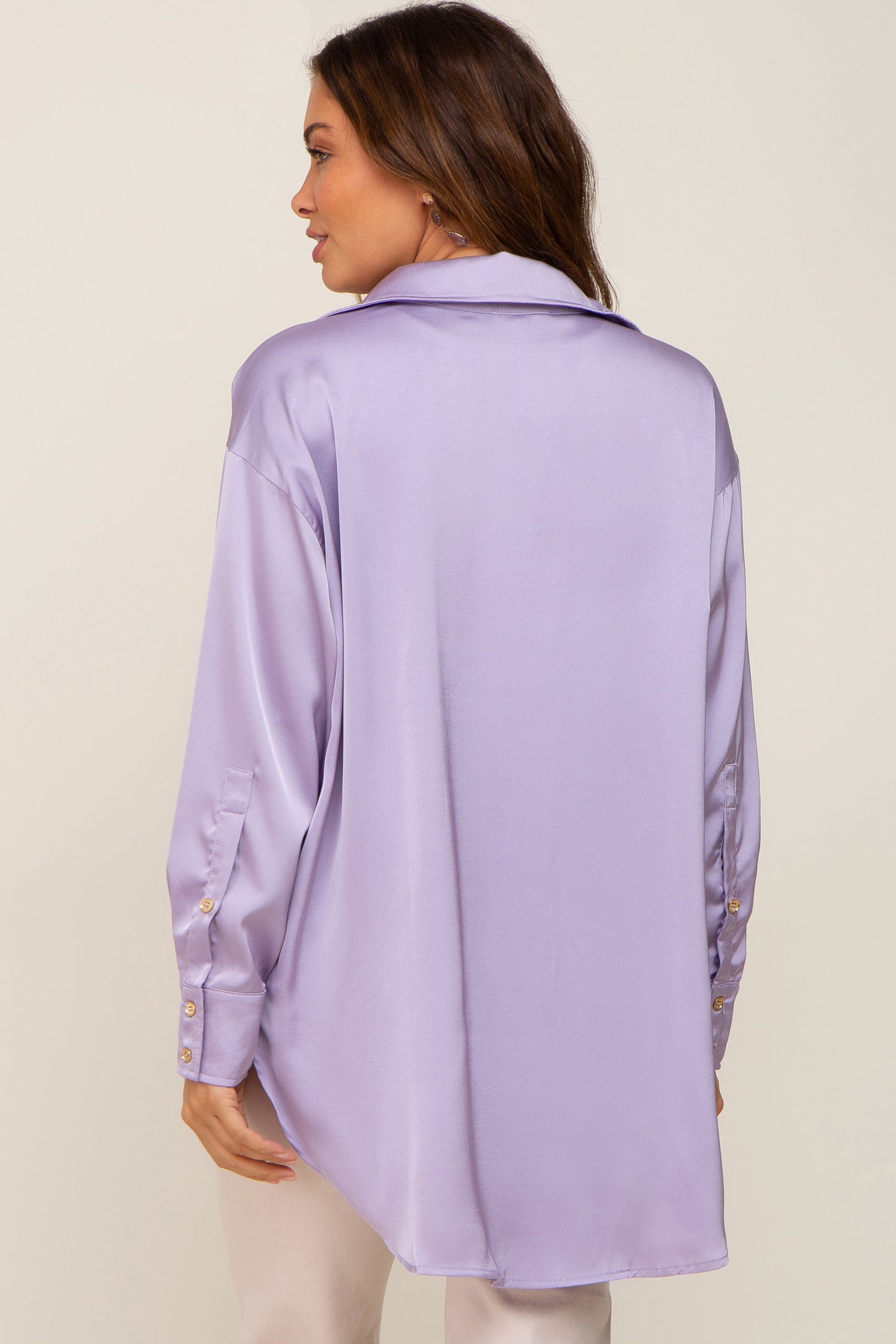 Lavender Satin Button Up Maternity Blouse