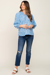 Aqua Floral Ruffle Neck Maternity Blouse