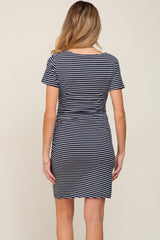 Navy Blue Striped Ruched Side Short Sleeve Maternity Dress