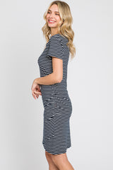 Navy Blue Striped Ruched Side Short Sleeve Dress