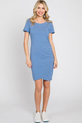 Blue Striped Ruched Side Short Sleeve Dress