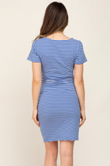 Blue Striped Ruched Side Short Sleeve Maternity Dress